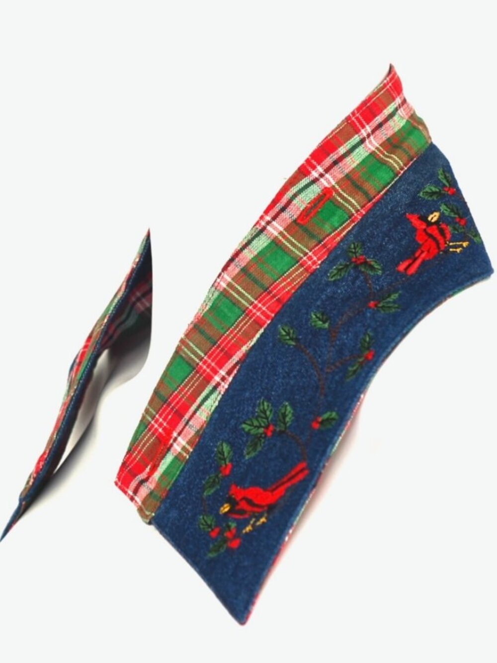 Hand Embroidered Denim Collar With Christmas Cardinal Scene